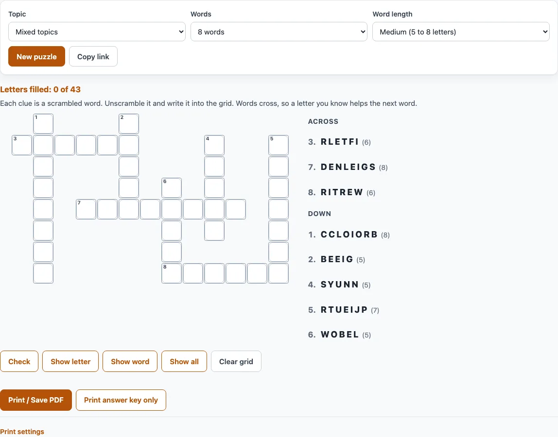 Jumble crossword example