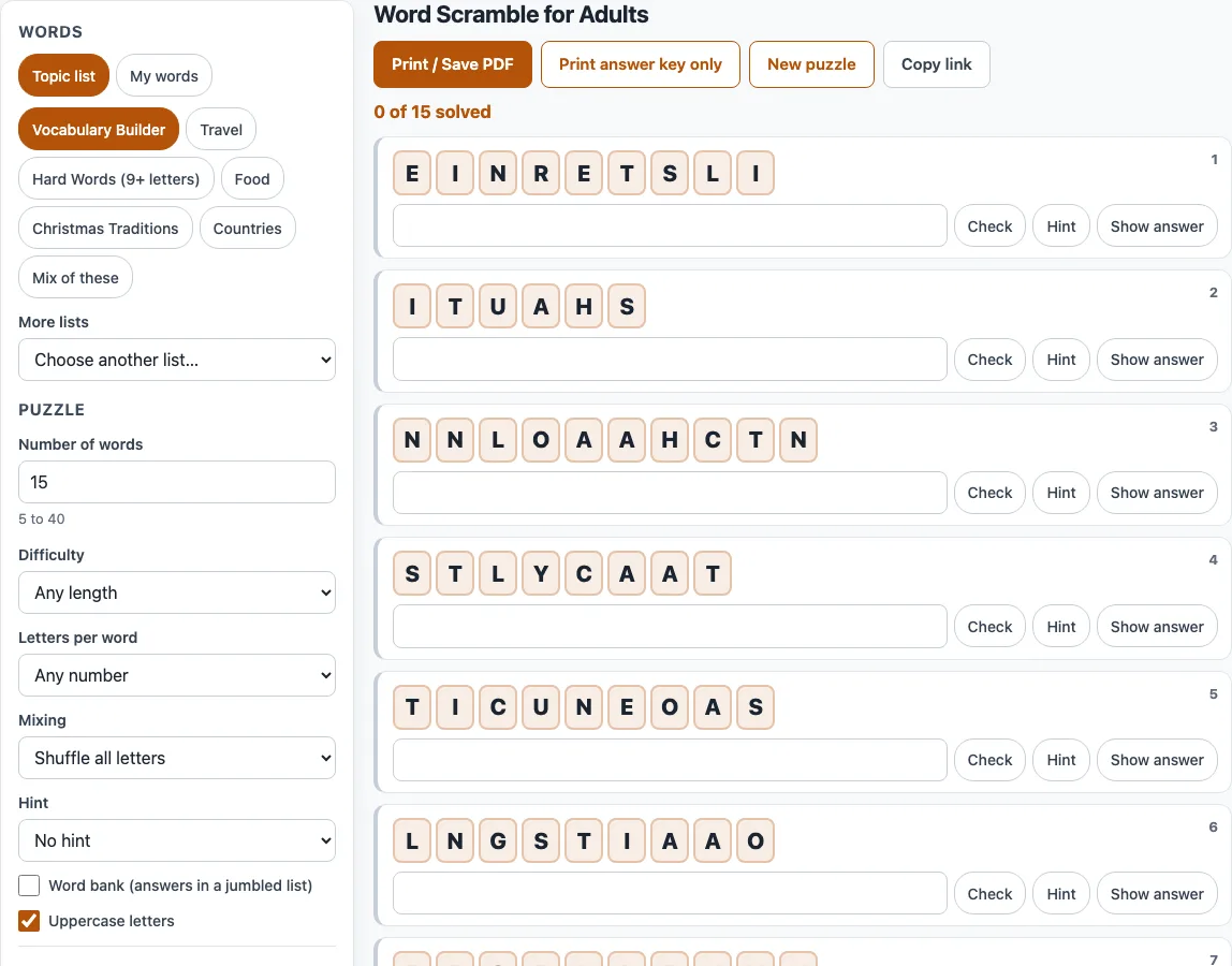 Word scramble for adults example